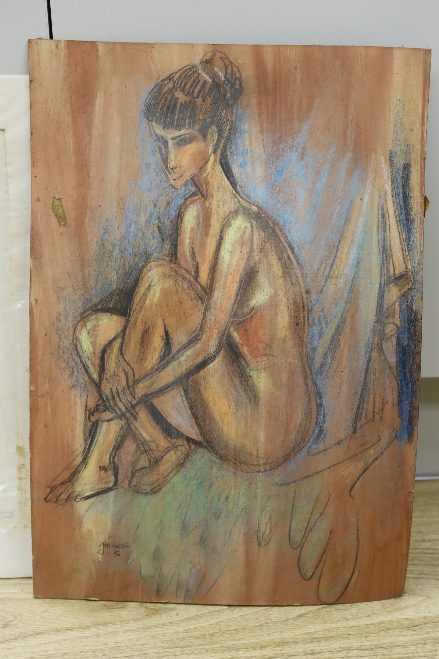 John Skelton (1923-2009) - Sketch of a seated nude, pastel and charcoal on board, signed, dated ‘56, unframed, 50 x 35cms. and head and shoulders study, charcoal on paper, signed and dated 3rd Aug. ‘77, inscribed “‘RAD S